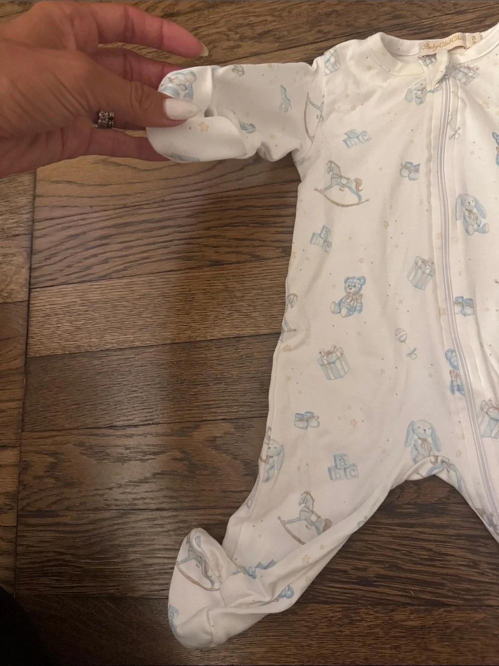 Baby Club Chic 0-3 months onesie - White & Blue Teddy bears & rocking horse